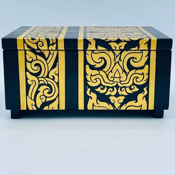 Vintage Decorative Lacquered Jewelry Trinket Music Box Gold Painted Design - Picture 2 of 12